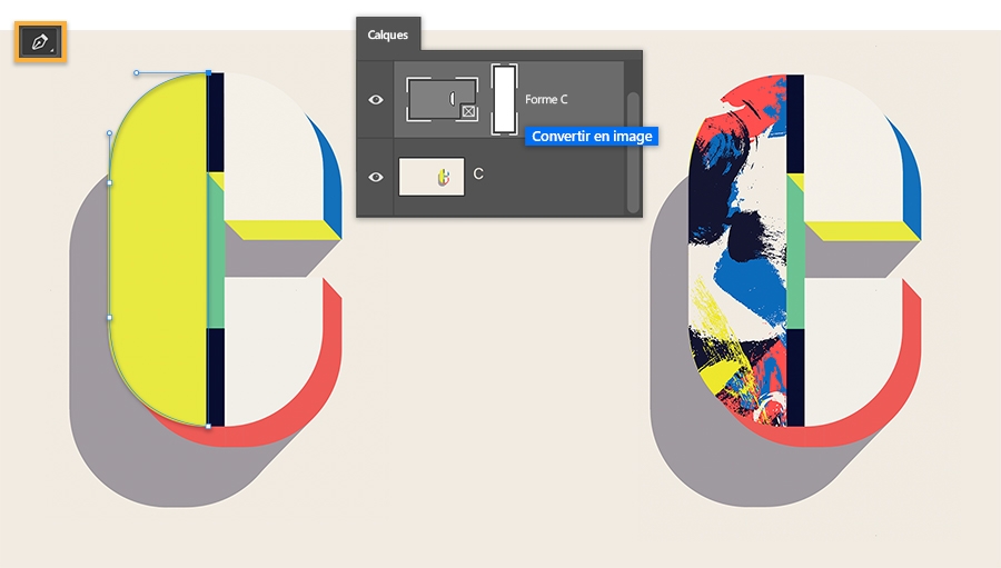 Sélection du bloc d’image de forme personnalisée avec l’outil Plume, comparatif avant/après de la lettre avec le bloc d’image personnalisé et le bloc rempli de la nouvelle texture