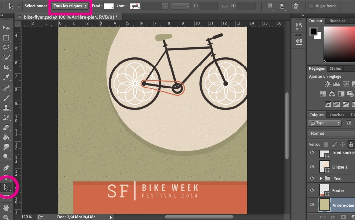 L’option Tous les calques dans le menu déroulant de l’outil Sélection de tracé est surlignée pour permettre la sélection de n’importe quel tracé dans n’importe quel calque. 