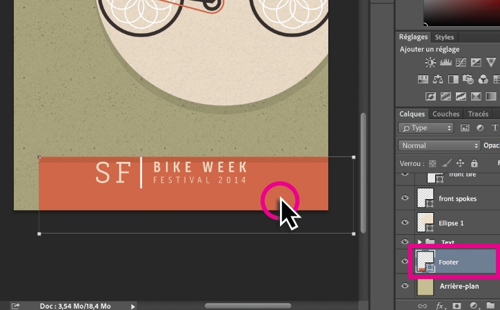 Le rectangle orange au bas du poster Bike Week est sélectionné et le calque est surligné dans le panneau Calques. 