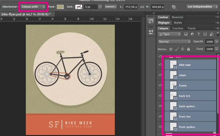 Sélectionner l’option Calques actifs et maintenir la touche Maj enfoncée en cliquant sur chaque calque dans le panneau Calques permet de sélectionner des tracés spécifiques.