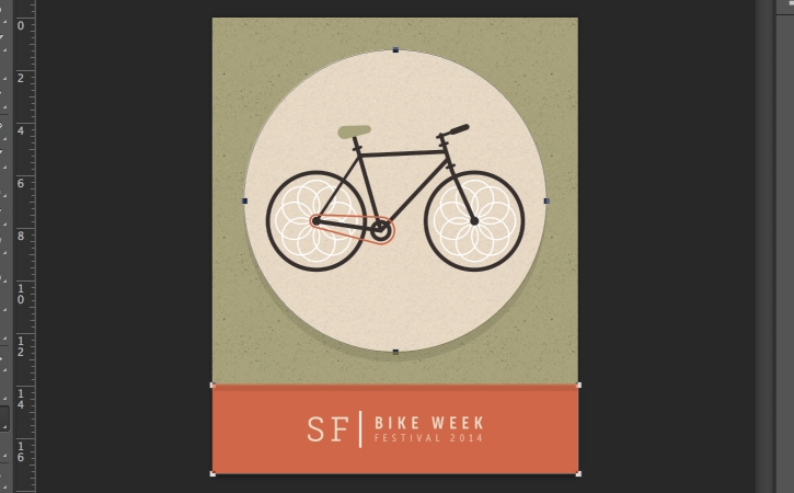 L’affiche Bike Week représente un vélo dans un cercle beige sur un fond vert olive avec un rectangle orange en bas.