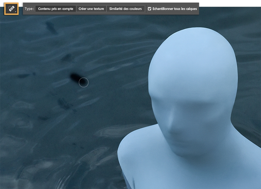 Outil Correcteur localisé de type Contenu pris en compte utilisé pour supprimer les imperfections autour de l’image d’homme en combinaison intégrale 