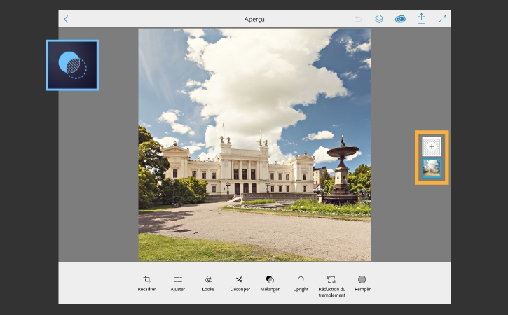L’application Photoshop Mix affiche une route menant à un bâtiment de couleur blanche sur un campus universitaire.