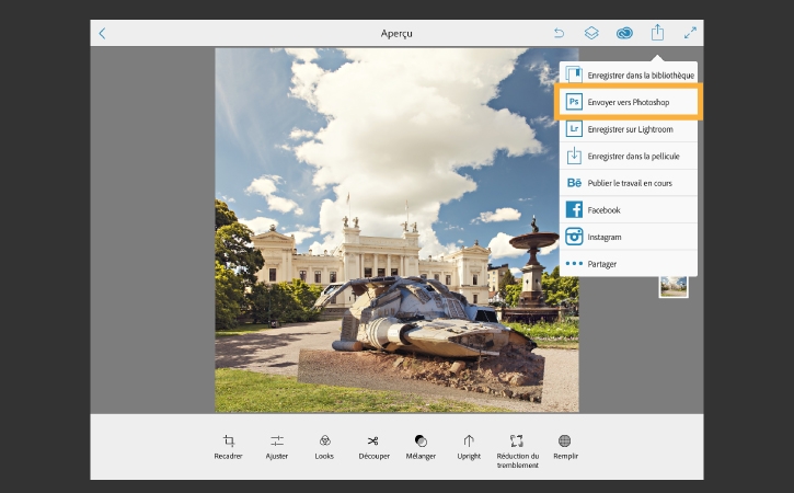 Le vaisseau spatial est mis à l’échelle et repositionné pour une intégration plus naturelle, l’image est envoyée vers Photoshop via l’icône Partager.