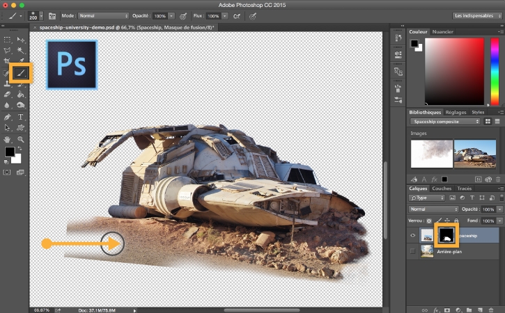 Un calque de fusion est ajouté au vaisseau spatial à partir du panneau Calques. Une couleur noire à 5 % est appliquée sur le masque de fusion pour adoucir les contours.