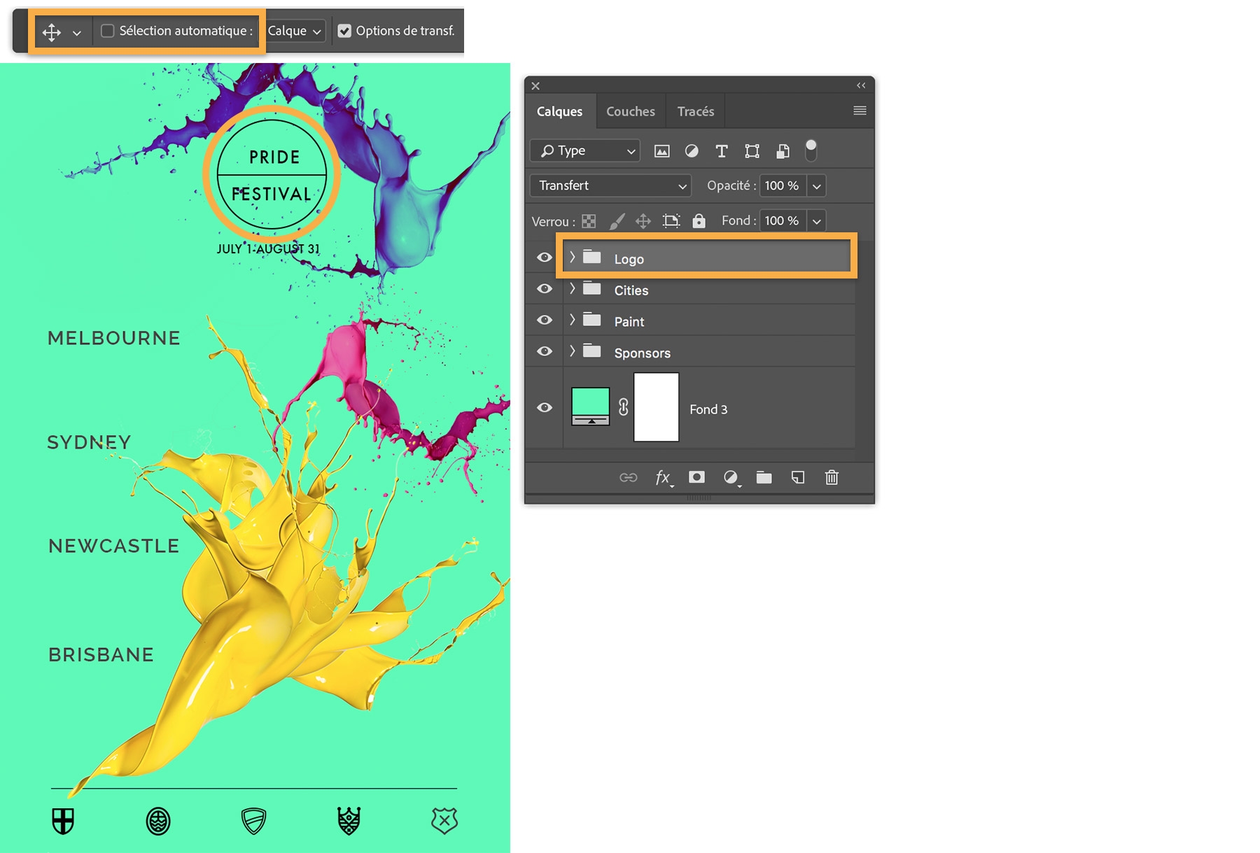 Avec l’outil Déplacement, sans cocher la case Sélection automatique, un clic sur un groupe de calques dans le panneau Calques permet d’en déplacer plusieurs simultanément. 