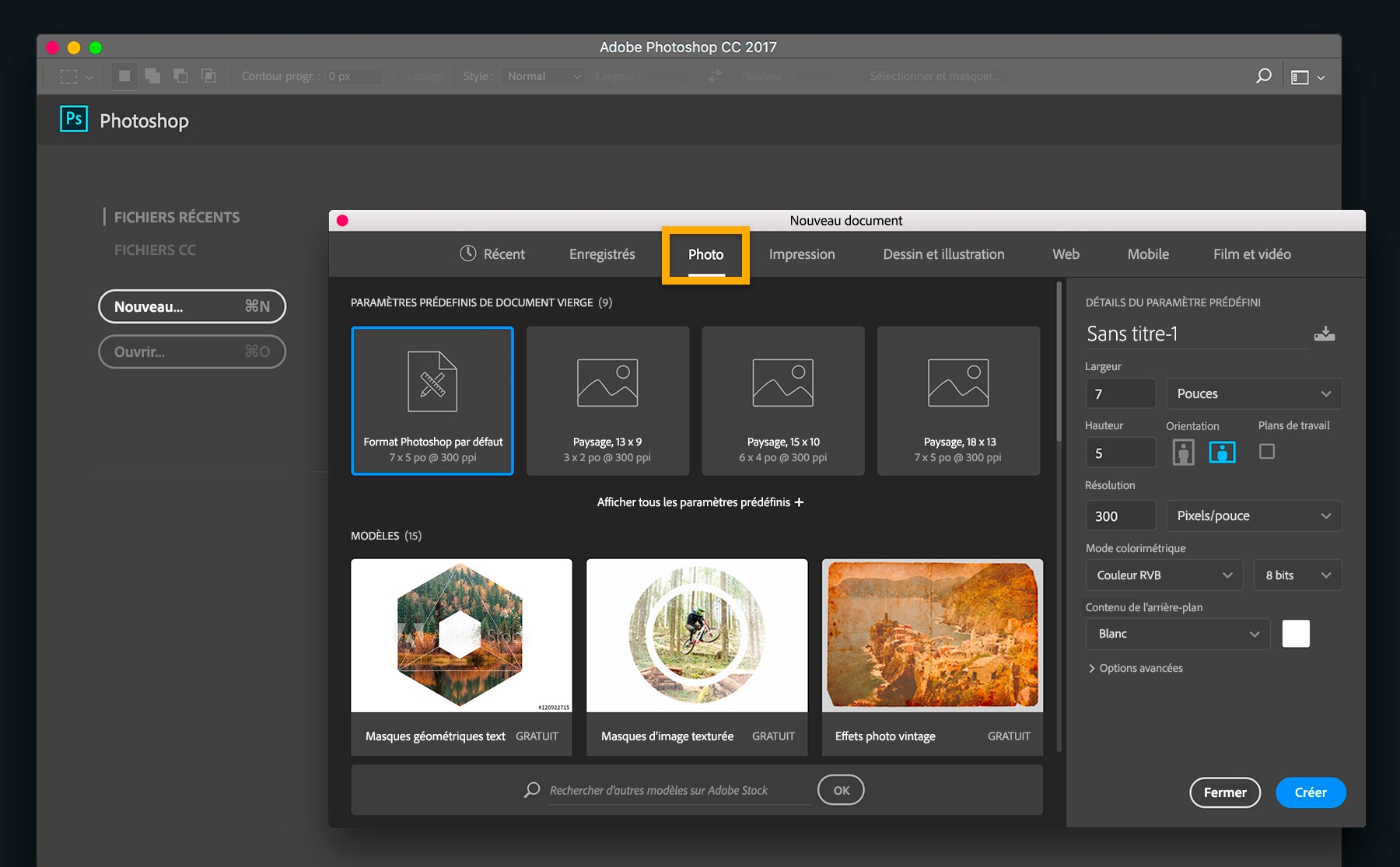 Ouverture d’un nouveau fichier en appuyant sur Ctrl ou Cmd + N, ou en sélectionnant Fichier > Nouveau