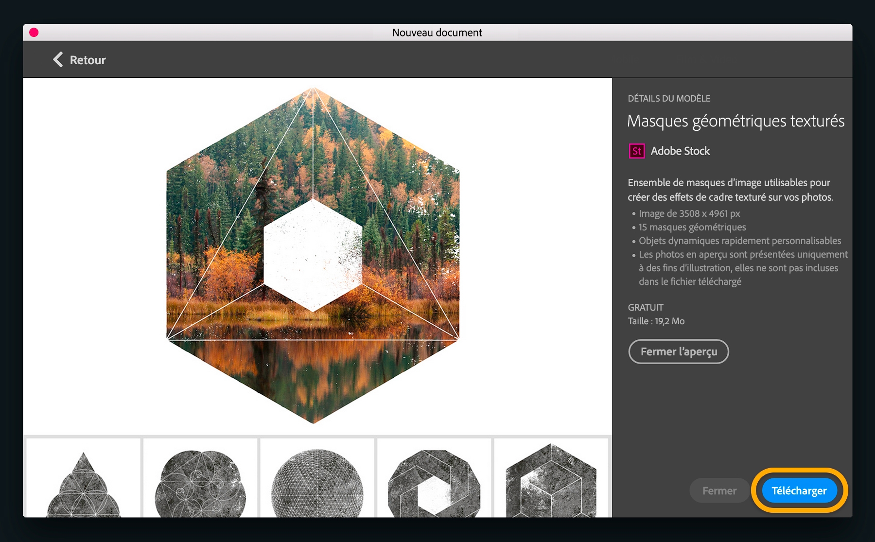 Le template Masques géométriques texturés affiche quinze masques avec différents motifs géométriques pouvant être appliqués à des photos.