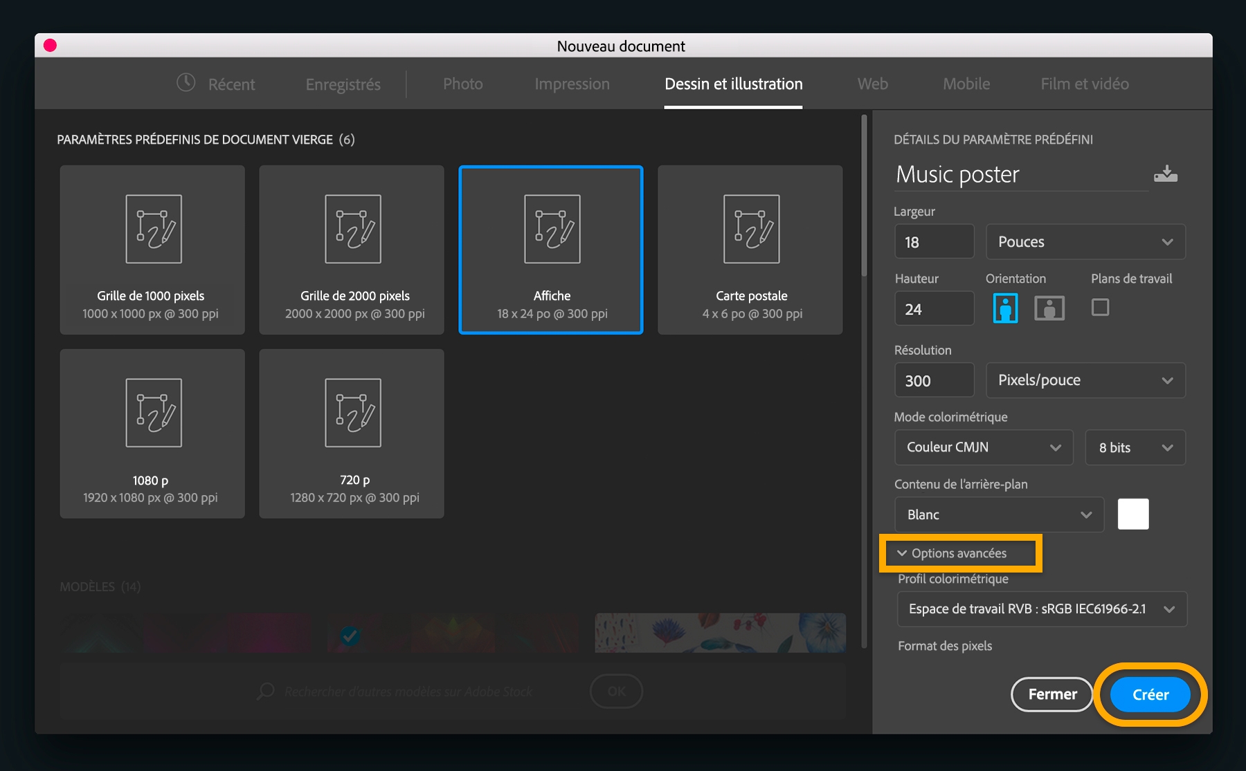 Les paramètres prédéfinis situés sous l’onglet Nouveau document > Illustration peuvent être modifiés en cliquant sur Options avancées 