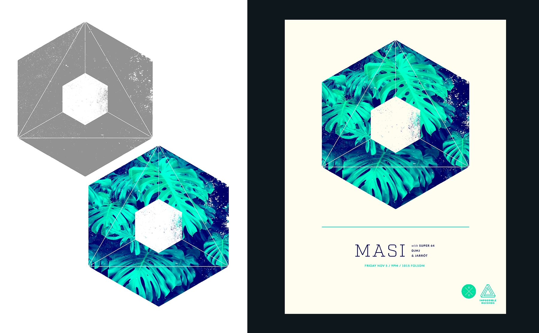 Gauche : hexagone gris avec centre blanc au-dessus d’un hexagone à feuilles de plantes tropicales. Droite : hexagone avec les feuilles sur une affiche