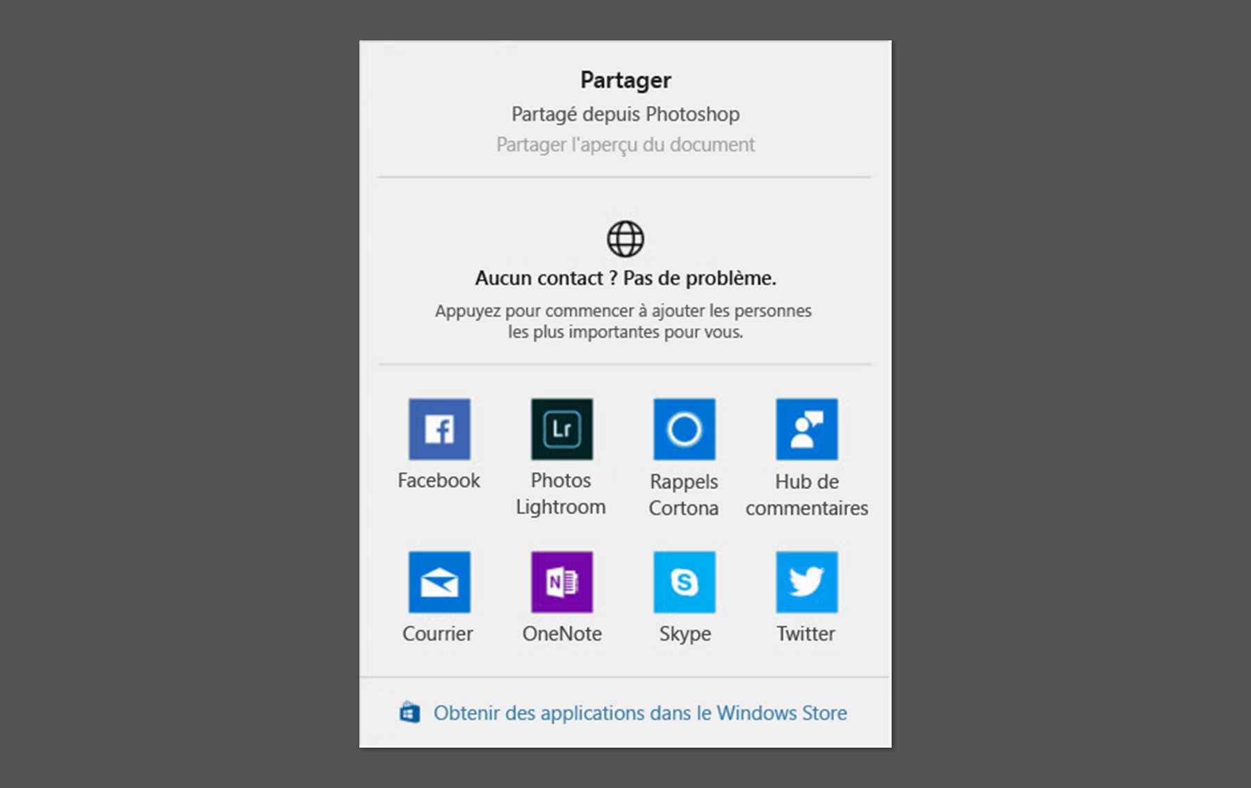 La boîte de dialogue de partage est ouverte sous Windows. Les plateformes de partage sont affichées dans une boîte contextuelle.