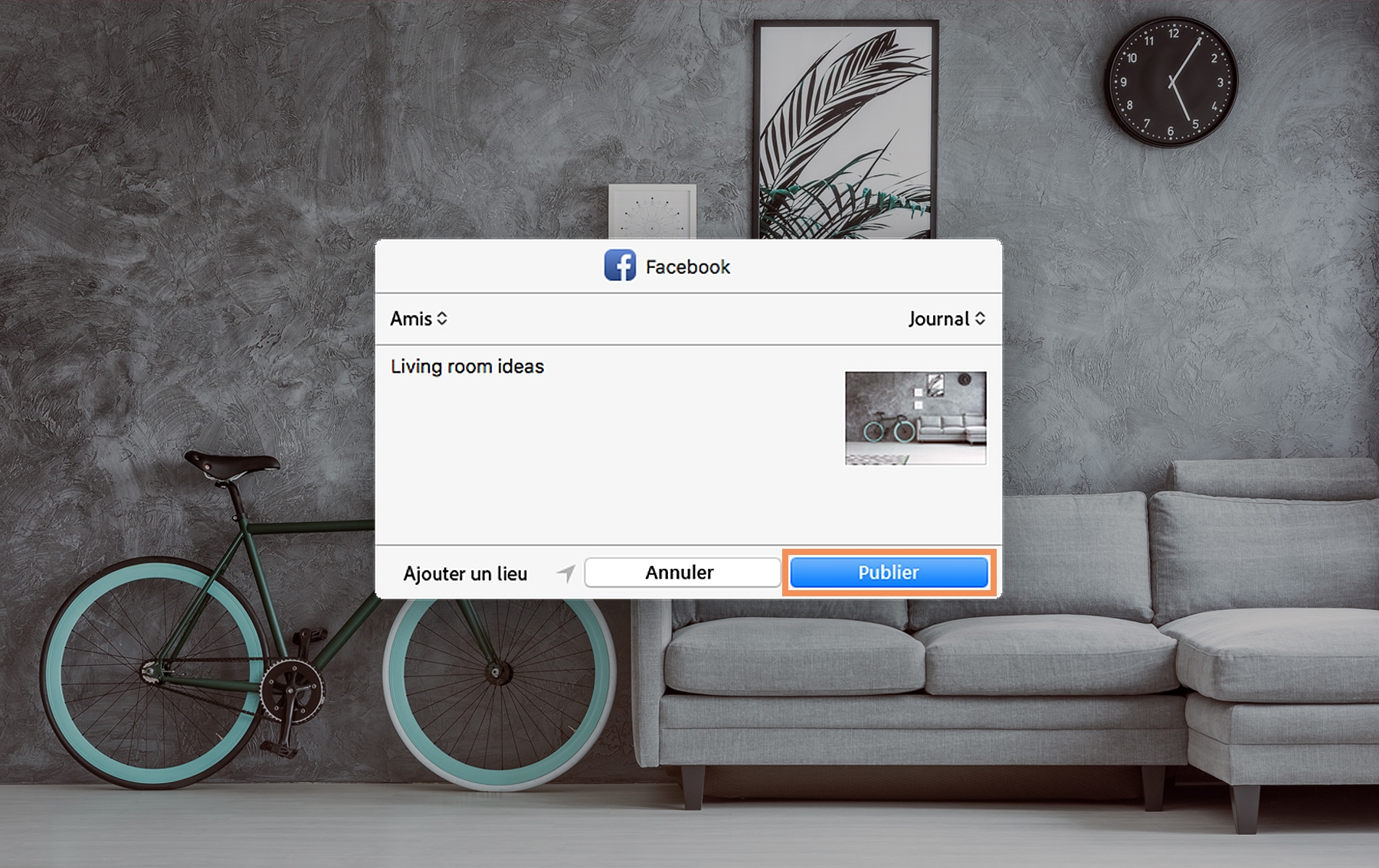 La boîte d’état Facebook s’ouvre avec les options de confidentialité et de partage, le bouton Publier est surligné et l’image est partagée dans le journal.