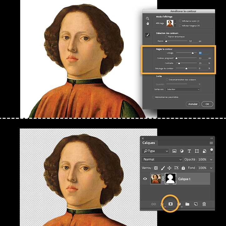 L'outil Sélection rapide est utilisé pour détourer la tête et les épaules du sujet. Le masque de fusion permet alors d’isoler la sélection.