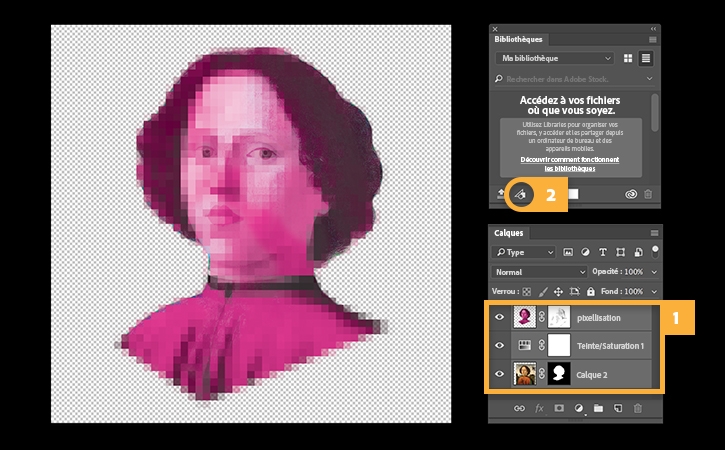 Le portrait pixellisé est enregistré dans les bibliothèques Creative Cloud et utilisé dans Illustrator pour créer un motif. 
