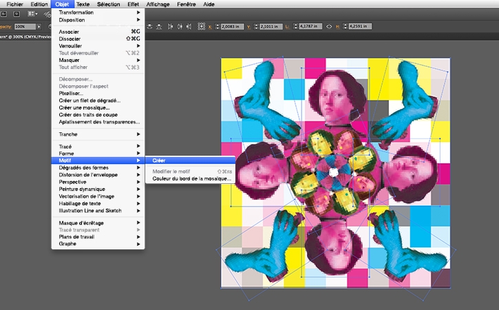 Après avoir ajouté les parties magenta, turquoise et jaune du portrait original, faites-les pivoter pour créer un motif.