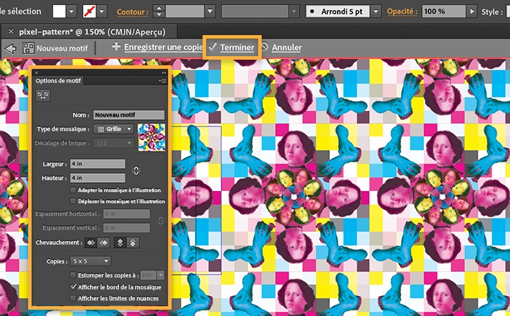 En jouant avec les paramètres Type de mosaïque et Chevauchement dans la boîte de dialogue Options de motif, vous obtenez différents résultats.