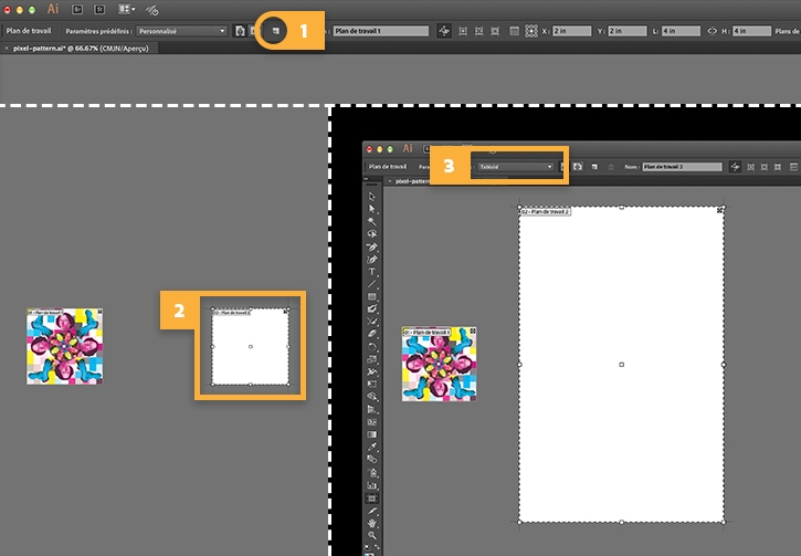 La mosaïque à motifs s’affiche à côté du plan de travail Illustrator (format Tabloïd).