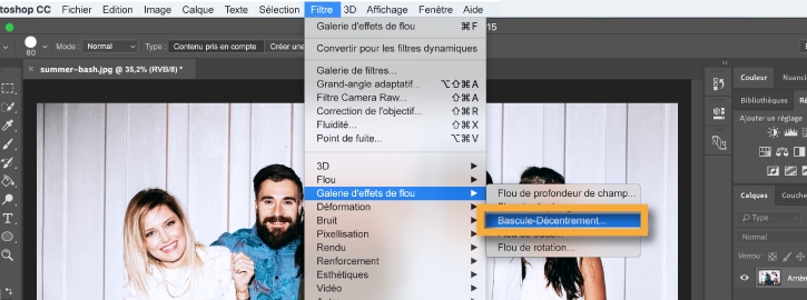 Option Galerie d’effets de flou du menu Filtre permettant de mettre en valeur certaines parties de la photo
