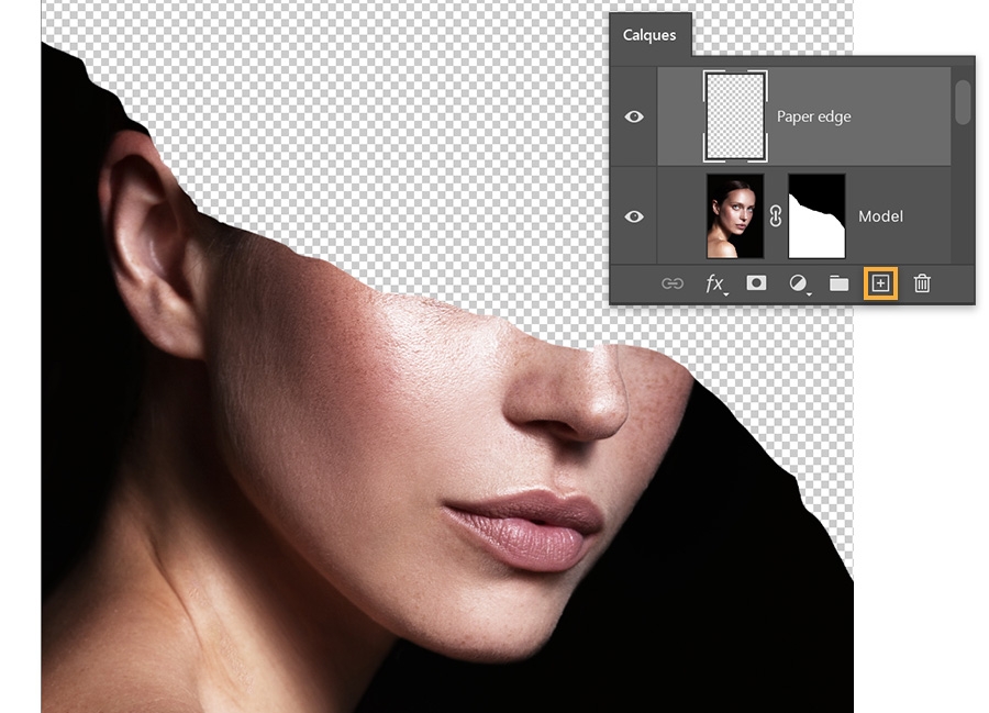 Bas du visage du modèle visible ; panneau Calques avec icône Nouveau calque mise en évidence