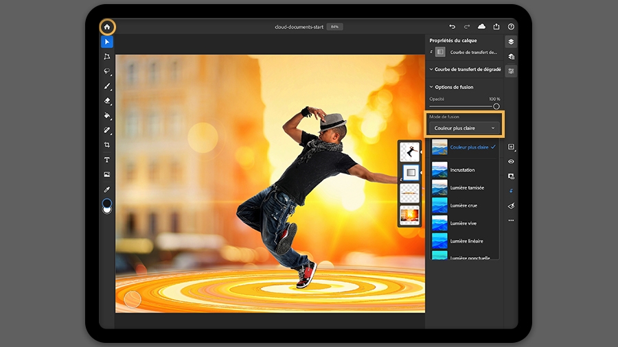 Mode Couleur plus claire sélectionné dans le menu Mode de fusion