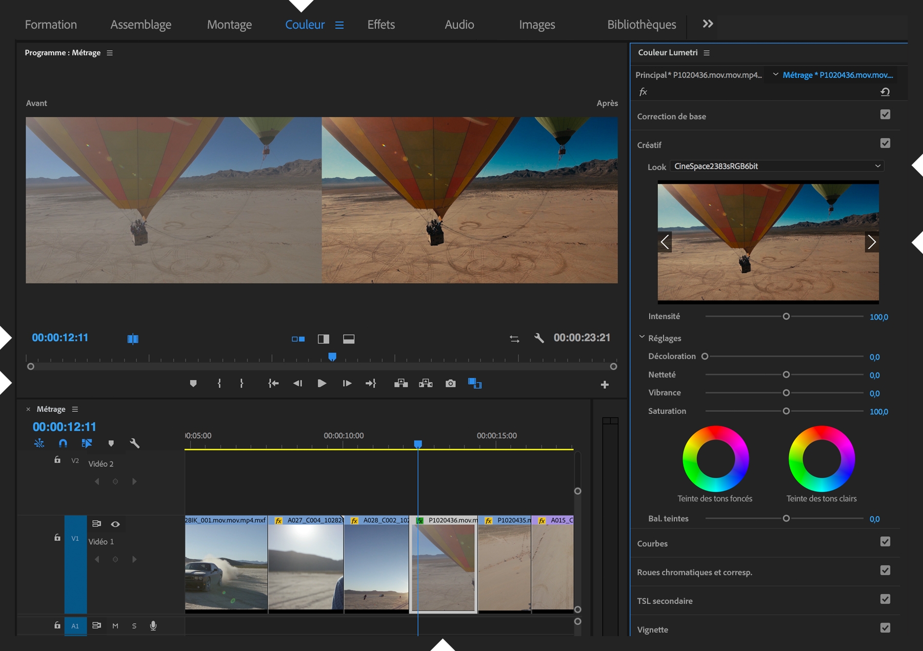 Des Looks prédéfinis sont appliqués à la séquence Balloon pour rendre les couleurs plus éclatantes. Le bouton Comparaison est sélectionné pour afficher les vues Avant et Après.