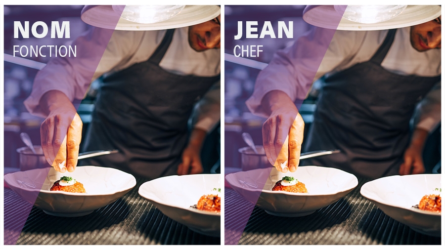 Images côte à côte représentant un chef avec un modèle d'animation graphique en incrustation. À gauche, du texte de substitution. À droite, le texte « James, Chef ».