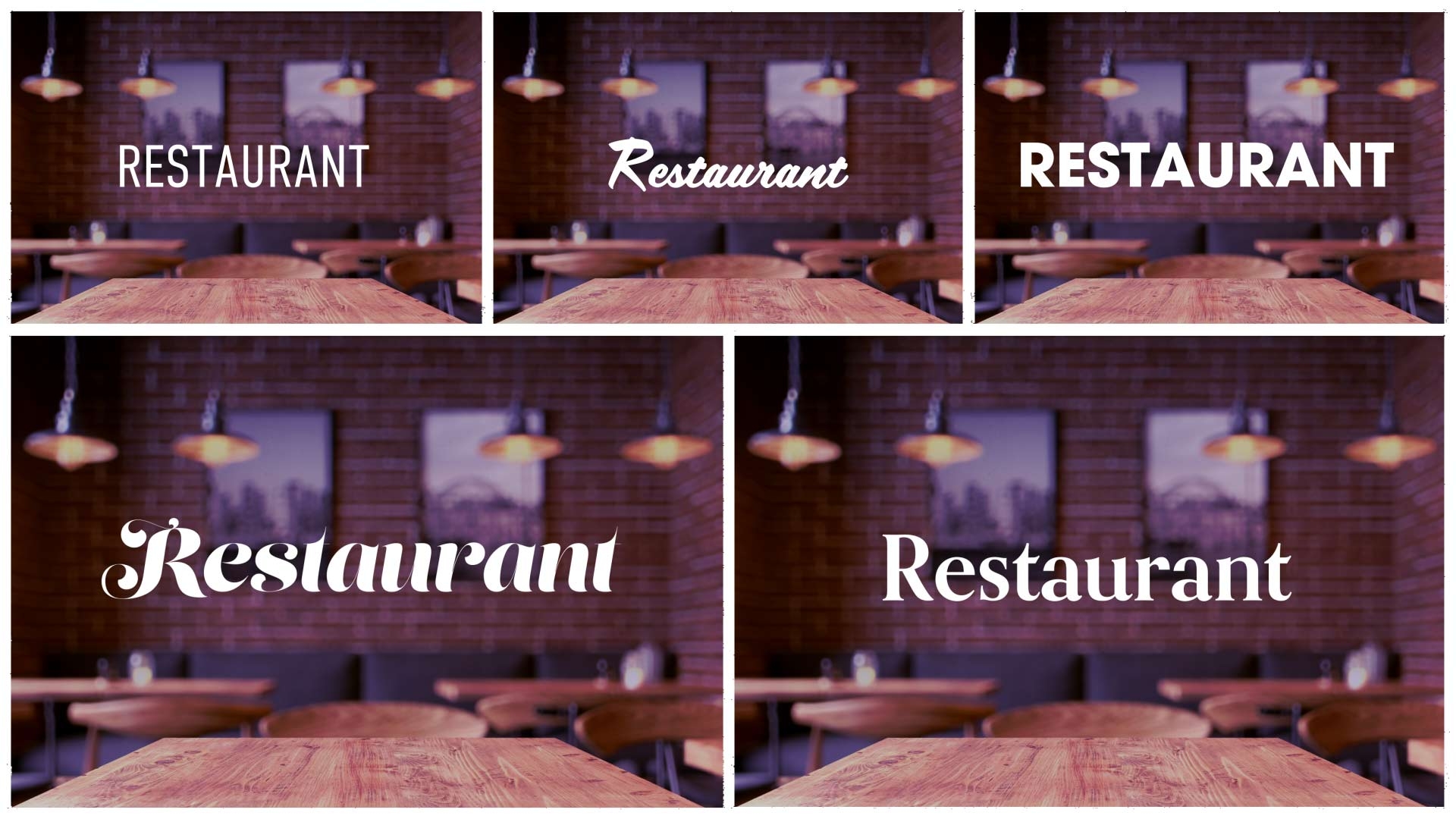 Cinq versions de la même image représentant la salle d'un restaurant, avec des variantes de police pour le titre