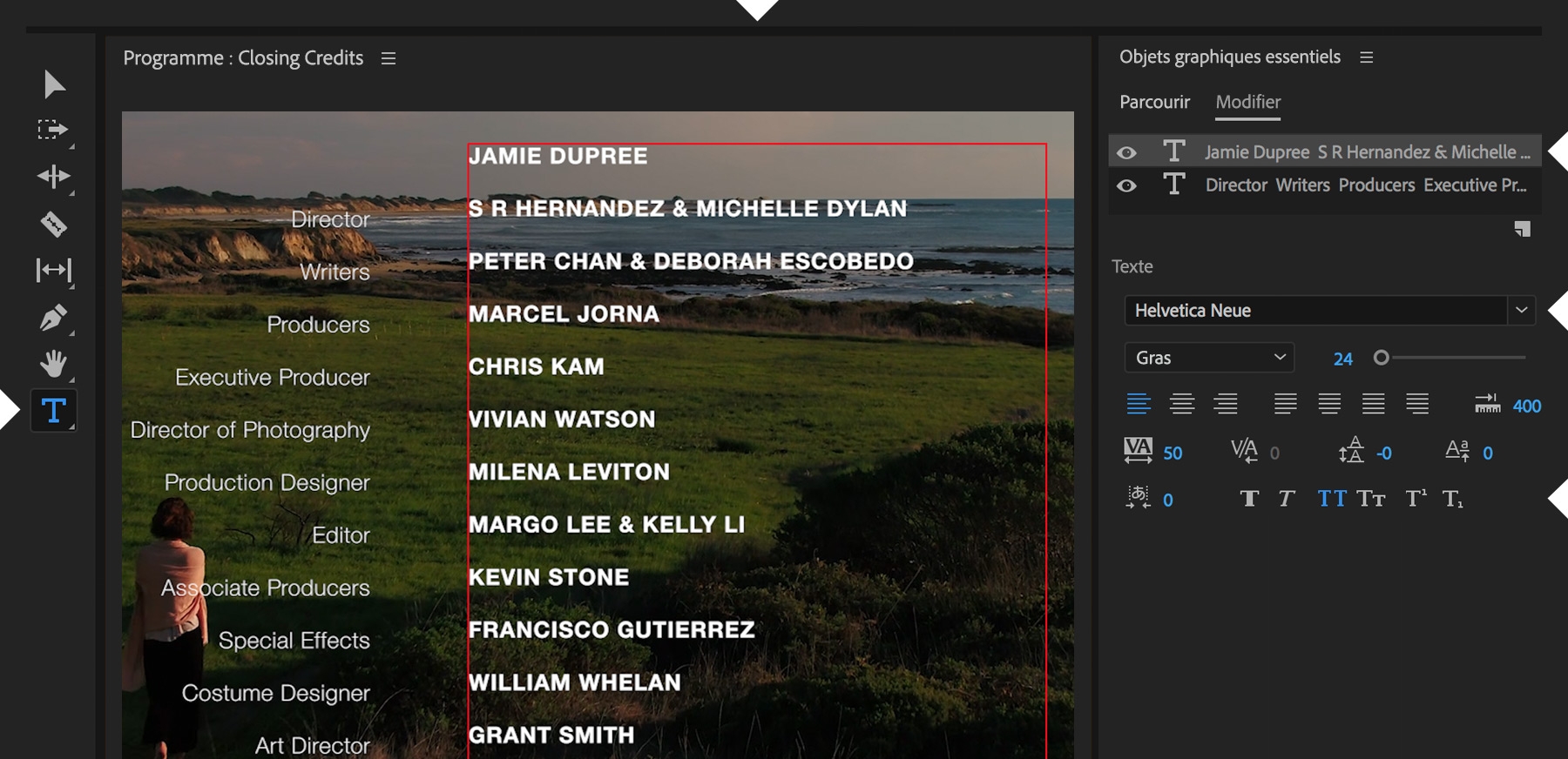 présentation sur deux colonnes d’un générique de fin dans Premiere Pro