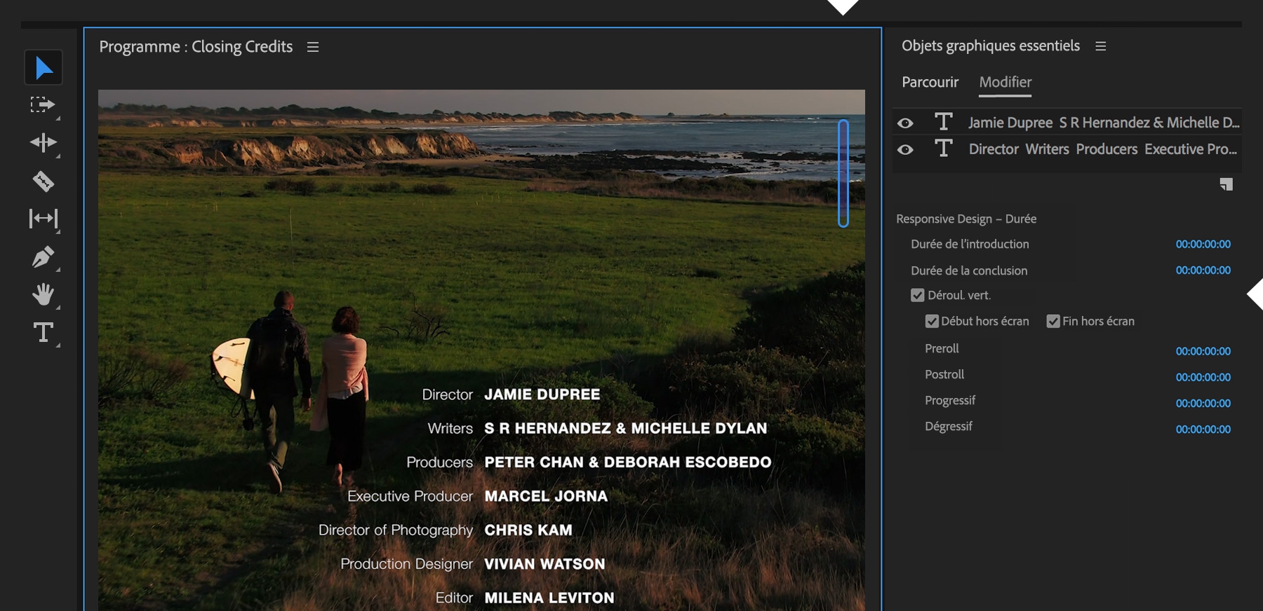 test de prévisualisation d’un générique de fin dans Premiere Pro