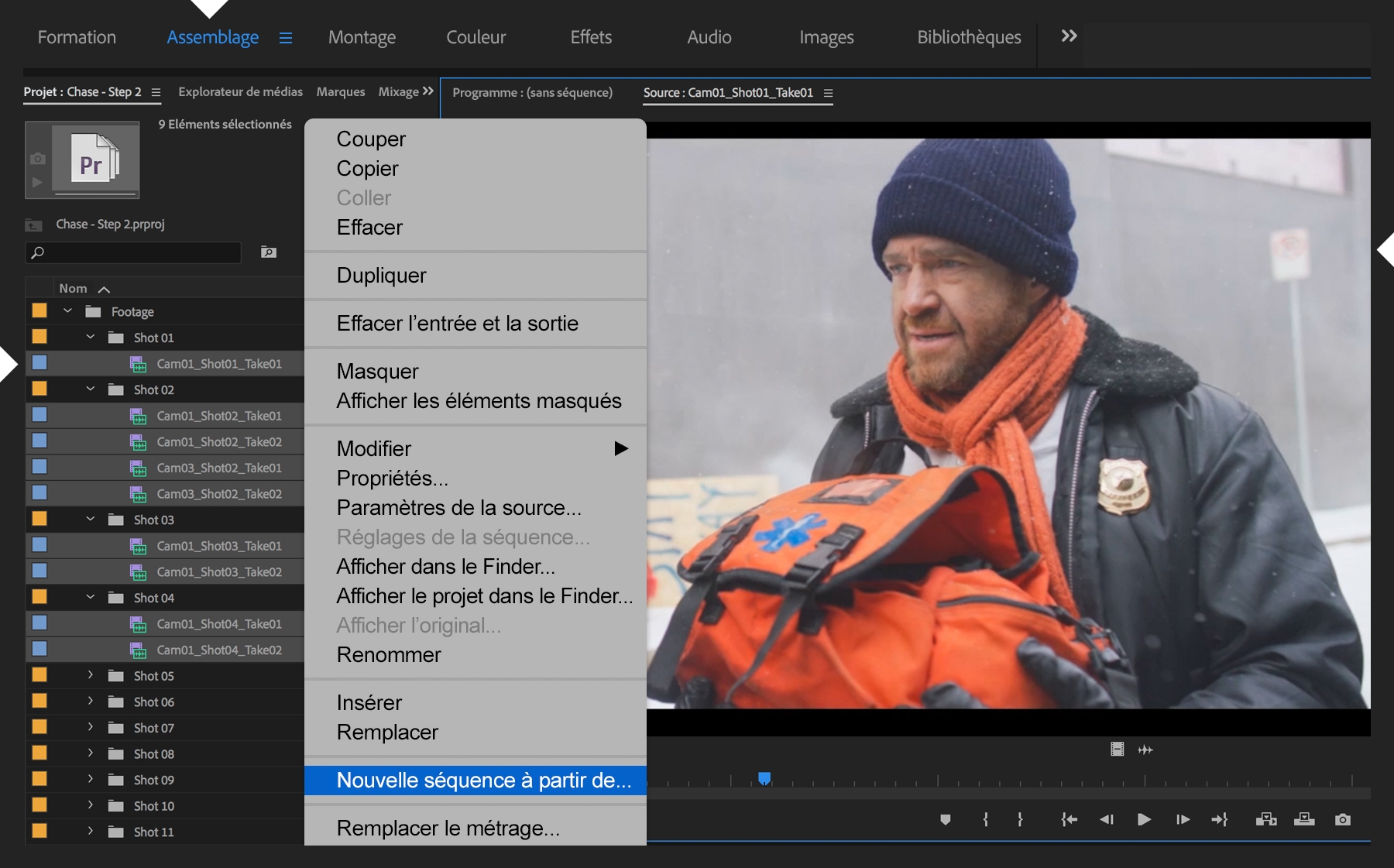 Les ressources du projet sont organisées dans des dossiers appelés des « chutiers » dans l’espace de travail Assemblage de Premiere Pro.