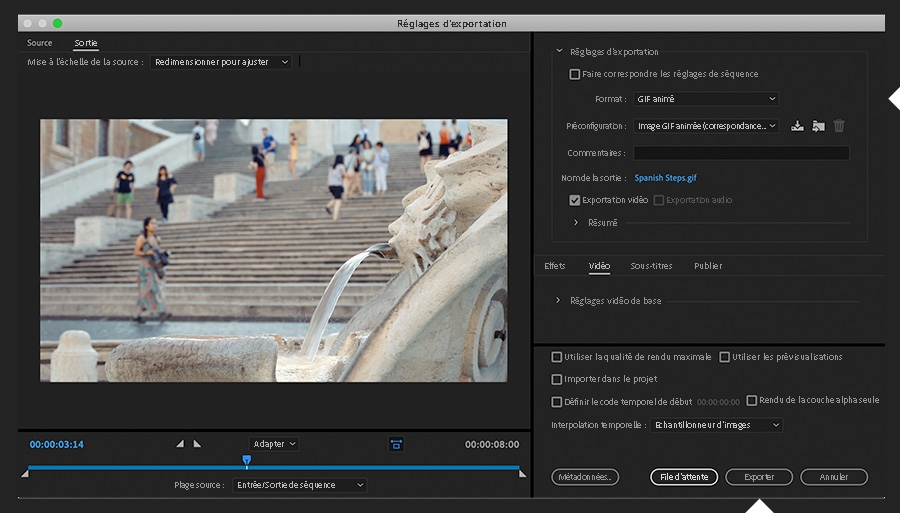La vidéo est exportée sous forme de cinémagraphe au format Image GIF animée.