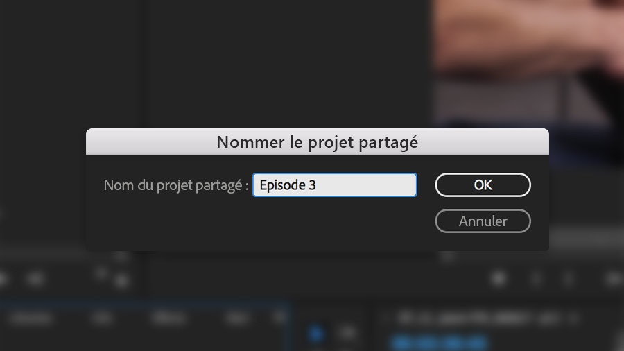 Dans le panneau Projet, sélectionnez Nouvel élément > Projet partagé pour créer un projet partagé.