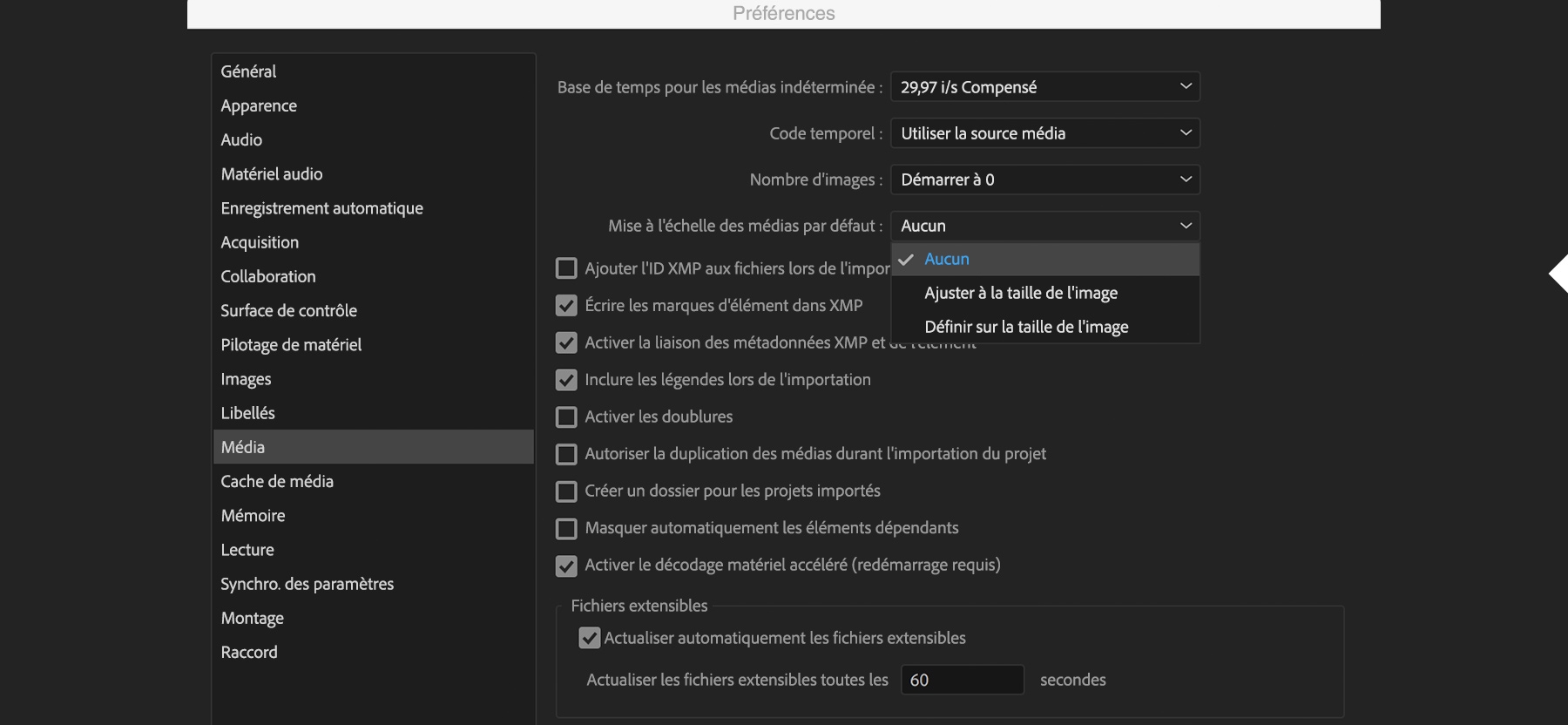 L’option Mise à l’échelle des médias par défaut est définie sur Aucun dans le menu des préférences de Premiere Pro.