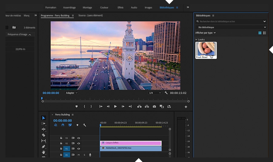 Dans l'espace de travail Bibliothèques, un look est sélectionné dans le panneau Bibliothèques avant d'être déposé sur le calque d’effets sélectionné