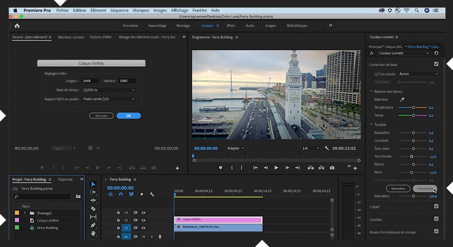 Adobe Premiere Pro affiche l'espace de travail Couleur et un calque d’effets sélectionné. L'option Automatique est sélectionnée dans le panneau Couleur Lumetri.