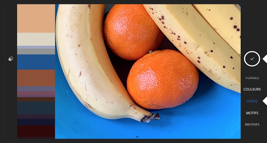 L'onglet Looks d'Adobe Capture affiche une photo de mandarines et de bananes dans une coupe bleue