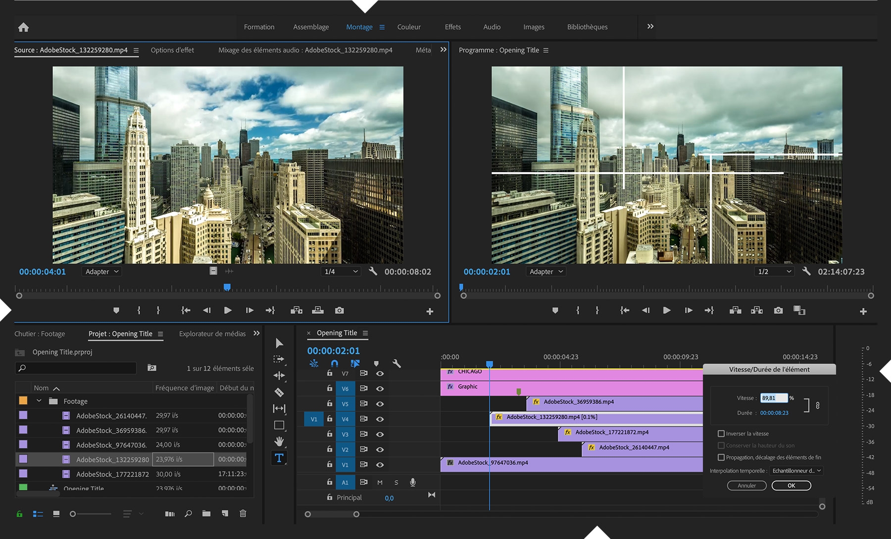 L’espace de travail Montage est ouvert. Les lignes horizontales et verticales sont animées sur un paysage urbain.