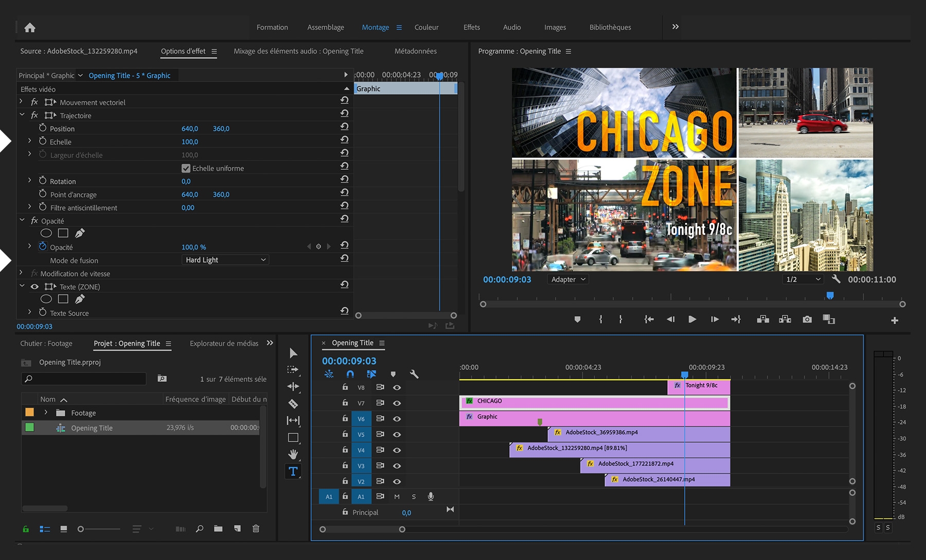 Un mode de fusion est ajouté au titre principal et une image clé de 0 à 100 % est définie pour l’échelle du texte, afin de le faire apparaître rapidement.