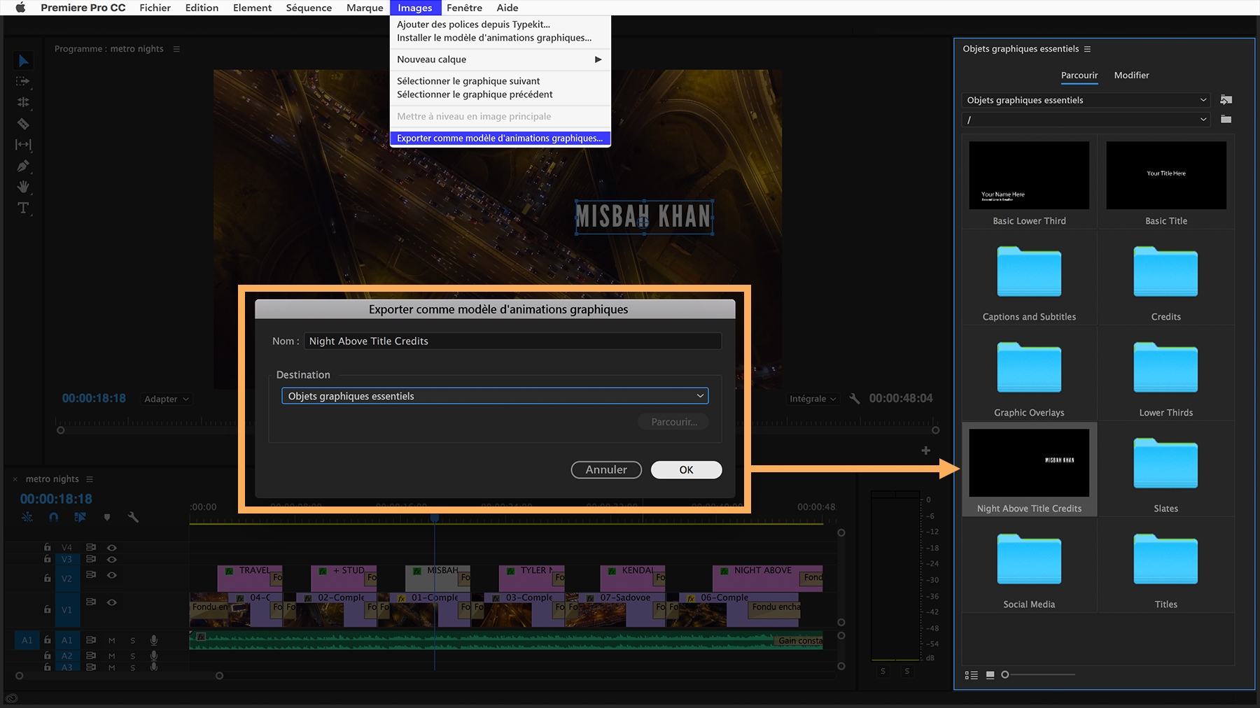 Les clips de titre peuvent être exportés comme des modèles d’animations graphiques en choisissant Images > Exporter comme modèle d’animations graphiques.