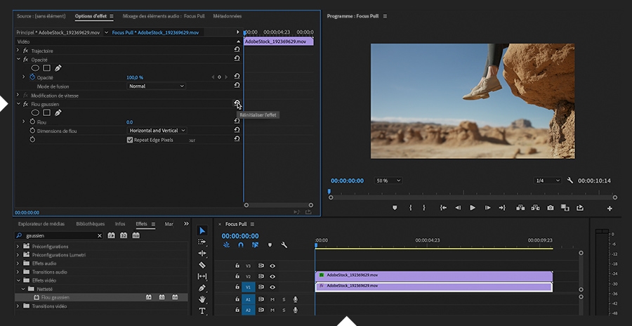 Le plan dupliqué apparaît dans la fenêtre de montage, l'effet Flou gaussien est réinitialisé et le Moniteur du programme simule une mise au point réduite