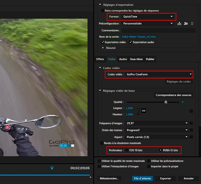 Exportation de projets à l’aide du codec GoPro CineForm