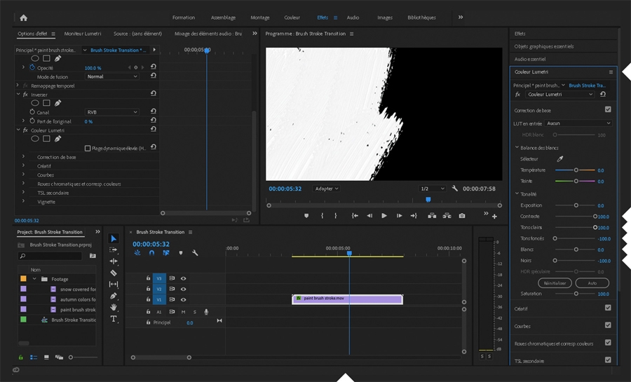 Une vidéo d’exemple montre du blanc peint sur du noir avec des contours larges. Les paramètres Couleur Lumetri optimisent le contraste noir/blanc.