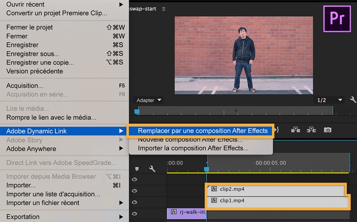 L’option Fichier > Adobe Dynamic Link > Remplacer par une composition After Effects est sélectionnée pour relier deux fichiers vidéo à une nouvelle composition.