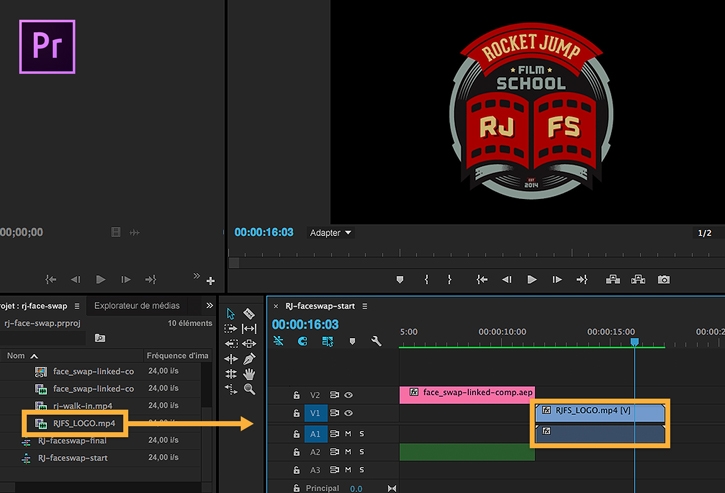 Le logo animé RocketJump Film School est ajouté au projet.