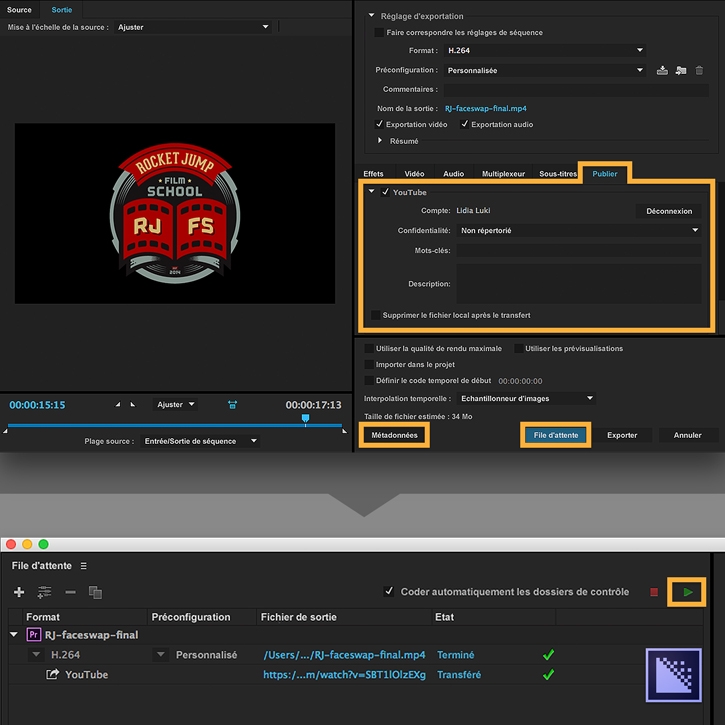 Le fichier est directement exporté vers la chaîne YouTube. Les paramètres de confidentialité sont mis à jour, les métadonnées sont saisies, puis File d’attente > Démarrer la file d’attente est sélectionné.