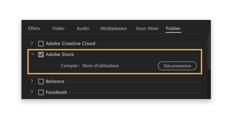 Cliquez sur l’onglet Publier > Adobe Stock, puis connectez-vous avec votre Adobe ID pour publier sur Adobe Stock.