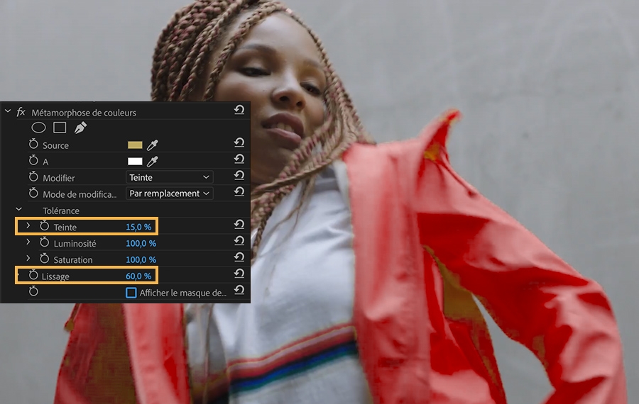 Les propriétés Métamorphose de couleurs affichent une teinte de 15 % et un lissage de 60 %