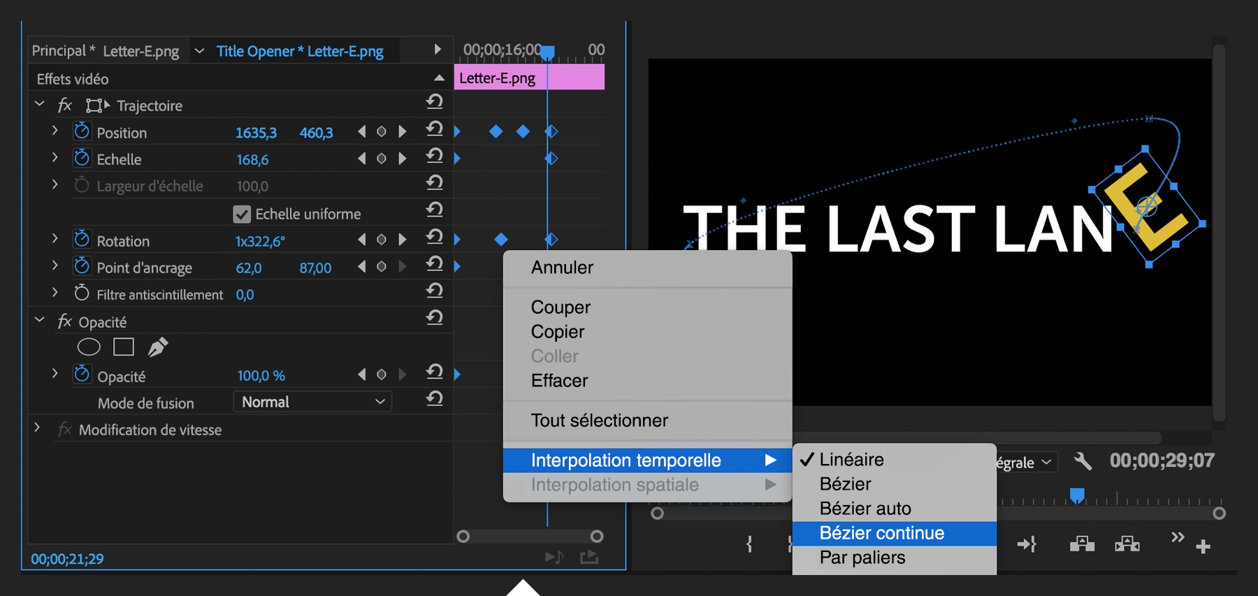 Pour créer une transition fluide, cliquez avec le bouton droit sur une image clé et sélectionnez une autre interpolation, telle que Bézier continue.