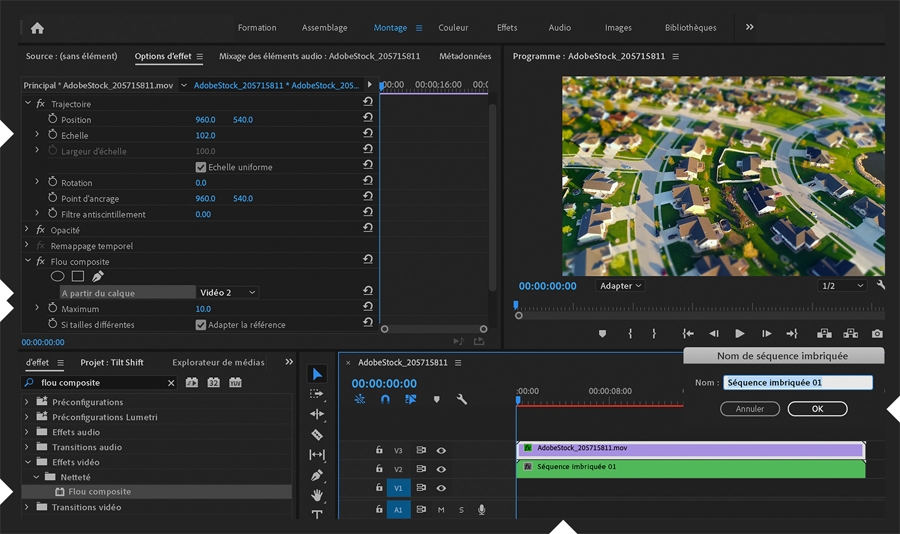 Le cache couleur est imbriqué. Le métrage est déposé au-dessus de la séquence imbriquée, l’effet Flou composite est appliqué et les valeurs sont ajustées.