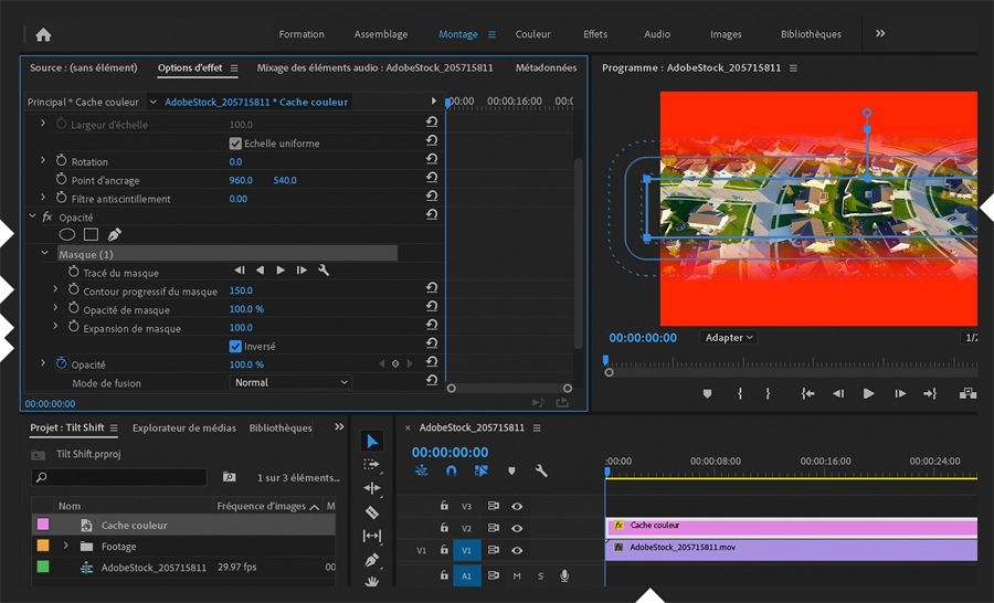 Le masque d’opacité rectangulaire est étendu pour couvrir la largeur de la zone visible. Les valeurs Contour progressif et Expansion sont augmentées et inversées.